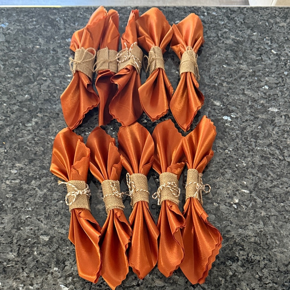 Set of 10 Fall Burnt orange With burlap custom made napkin setting/ set of 10